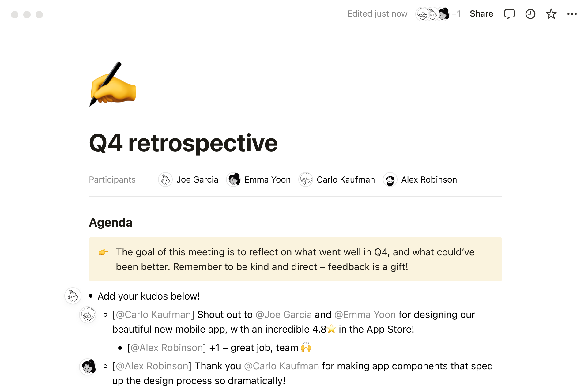 A screenshot of a Notion workspace showing a Q4 team retrospective
